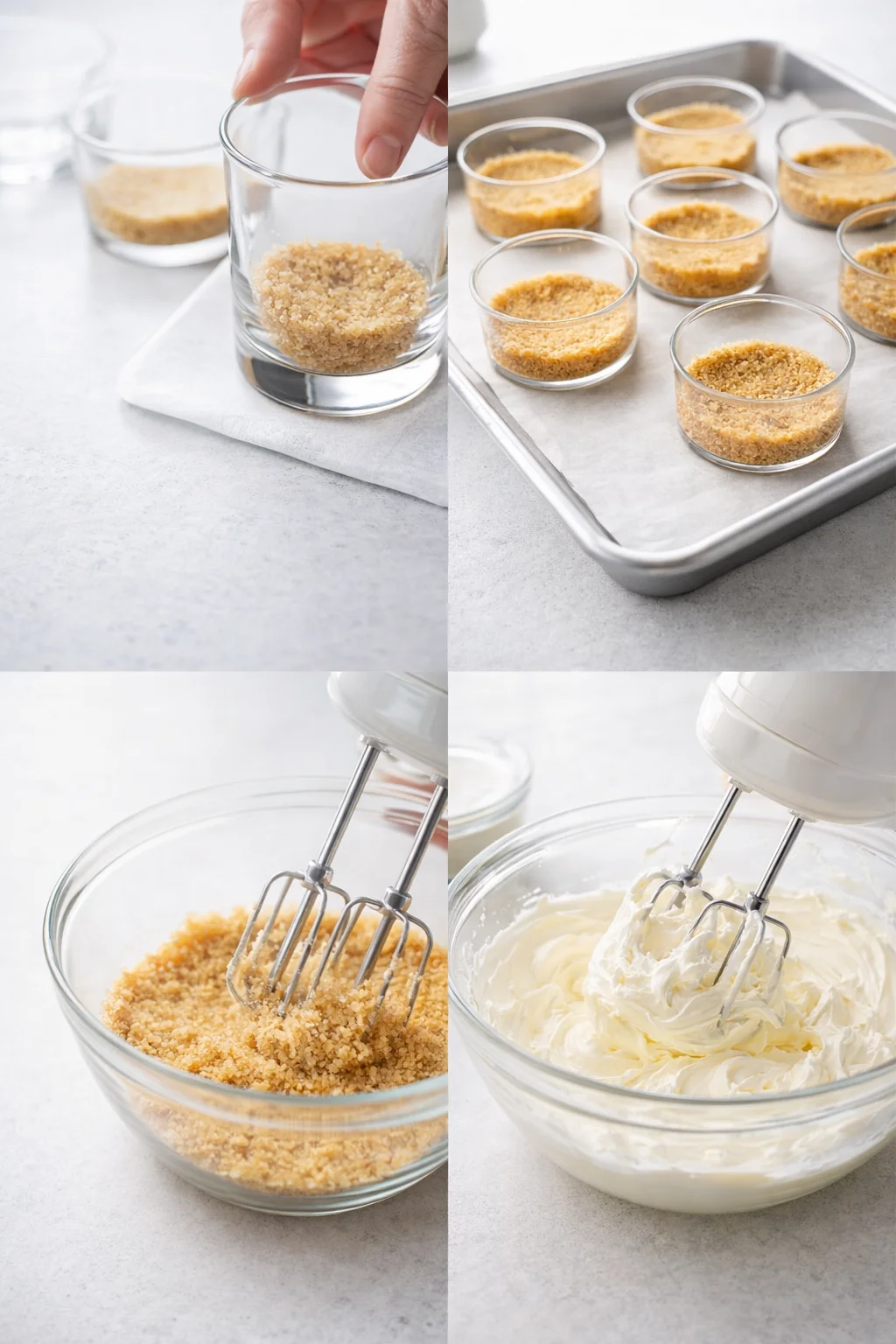 collage showing crust being pressed into glass cups, a tray of crusts, crumb mixture in a bowl, and whipped cream.