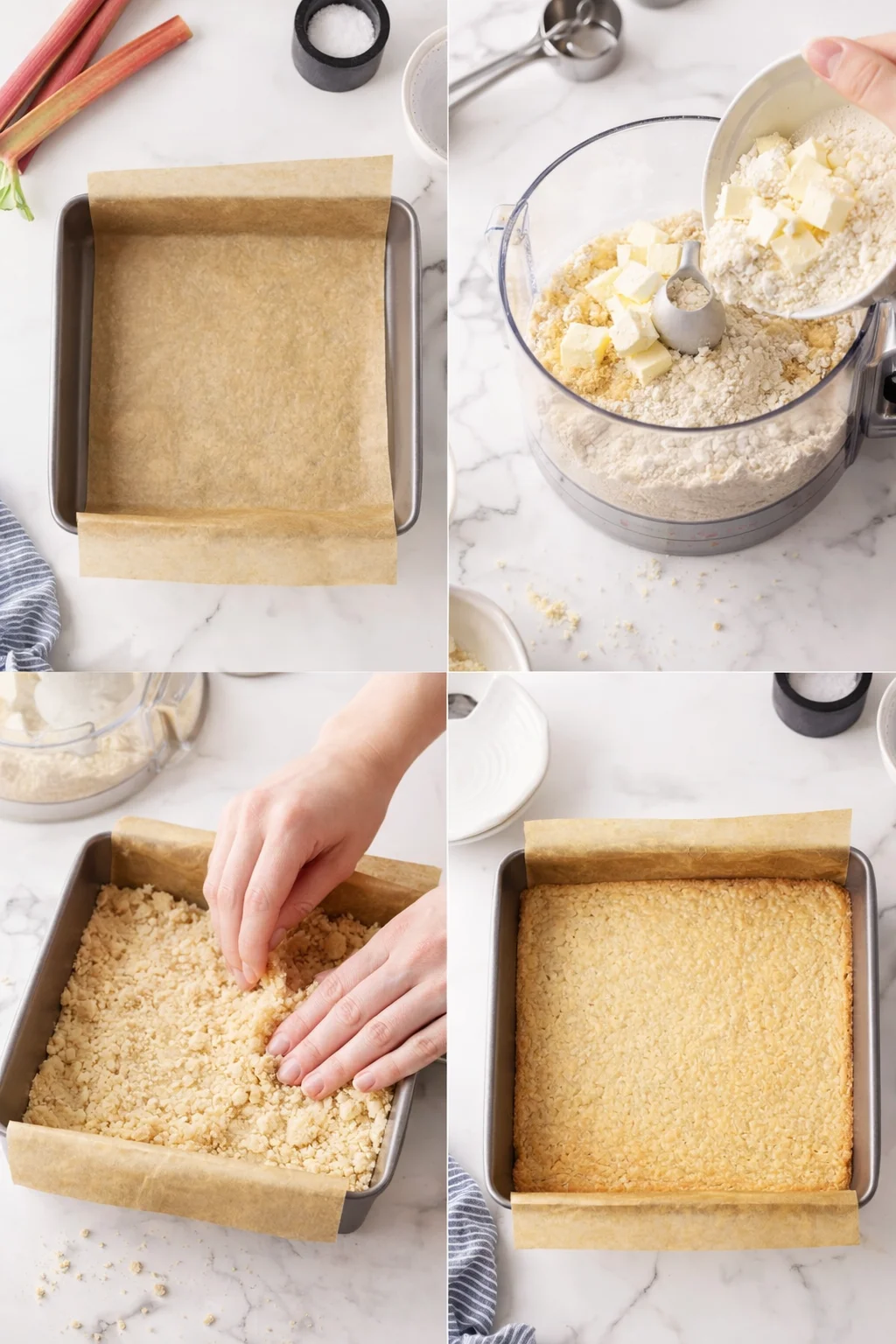 Collage showing crust-assembly steps: parchment-lined pan, crumb pressing, and baked crust.