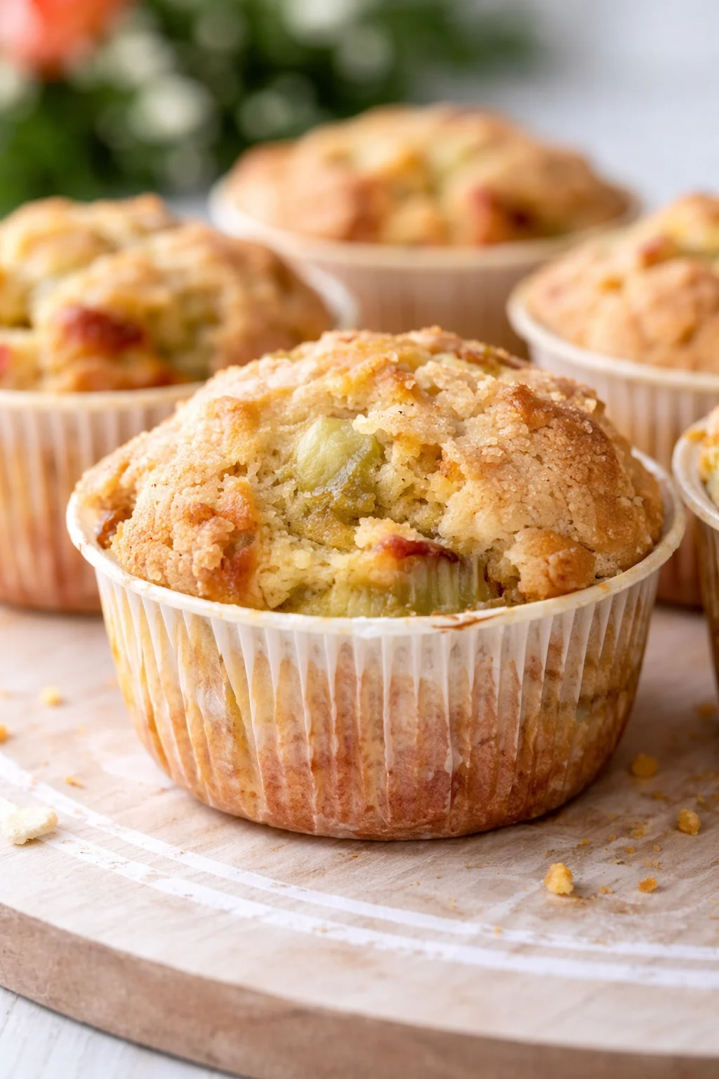 close-up of crumb-topped apple muffins in white paper liners on a wooden board