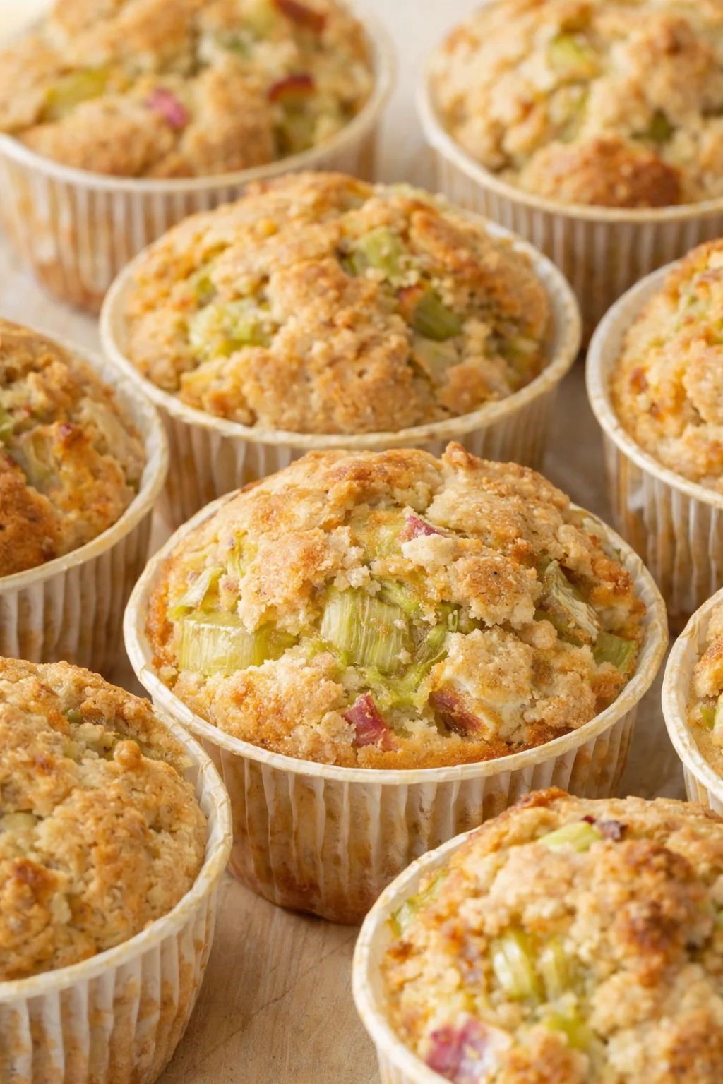 Close-up of crumble-topped savory muffins with celery chunks on a wooden surface