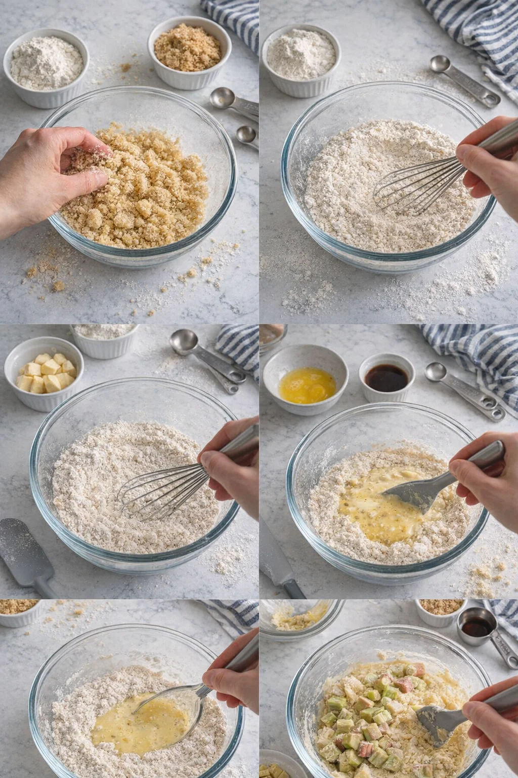 nine-panel collage showing hands mixing dough and chopped apples on a gray countertop