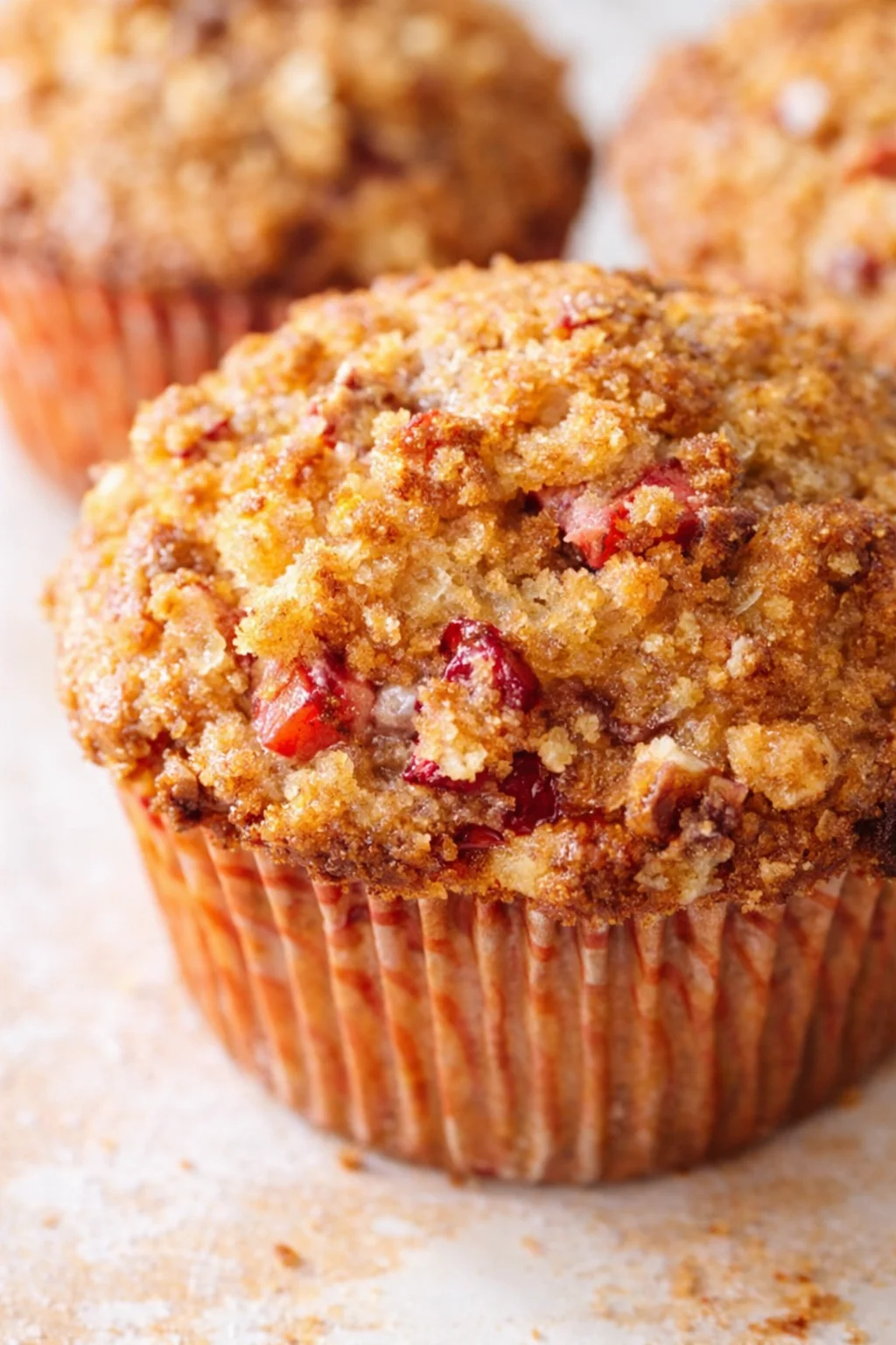 Close-up of crumbly streusel-topped muffins with cranberry pieces in orange liners