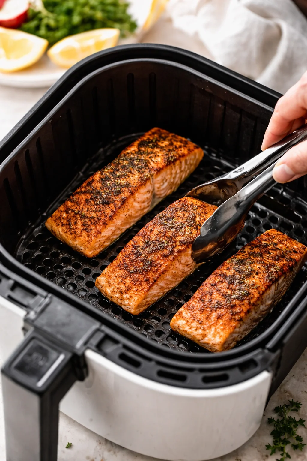three crusted salmon fillets in a black air fryer basket, a hand turning one with tongs.
