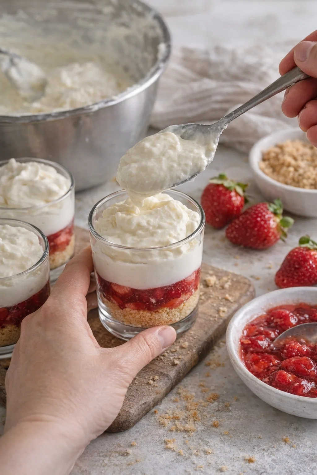 Assembled cups covered and chilled, then finished before serving with whipped cream, strawberry slice, and crumbs.