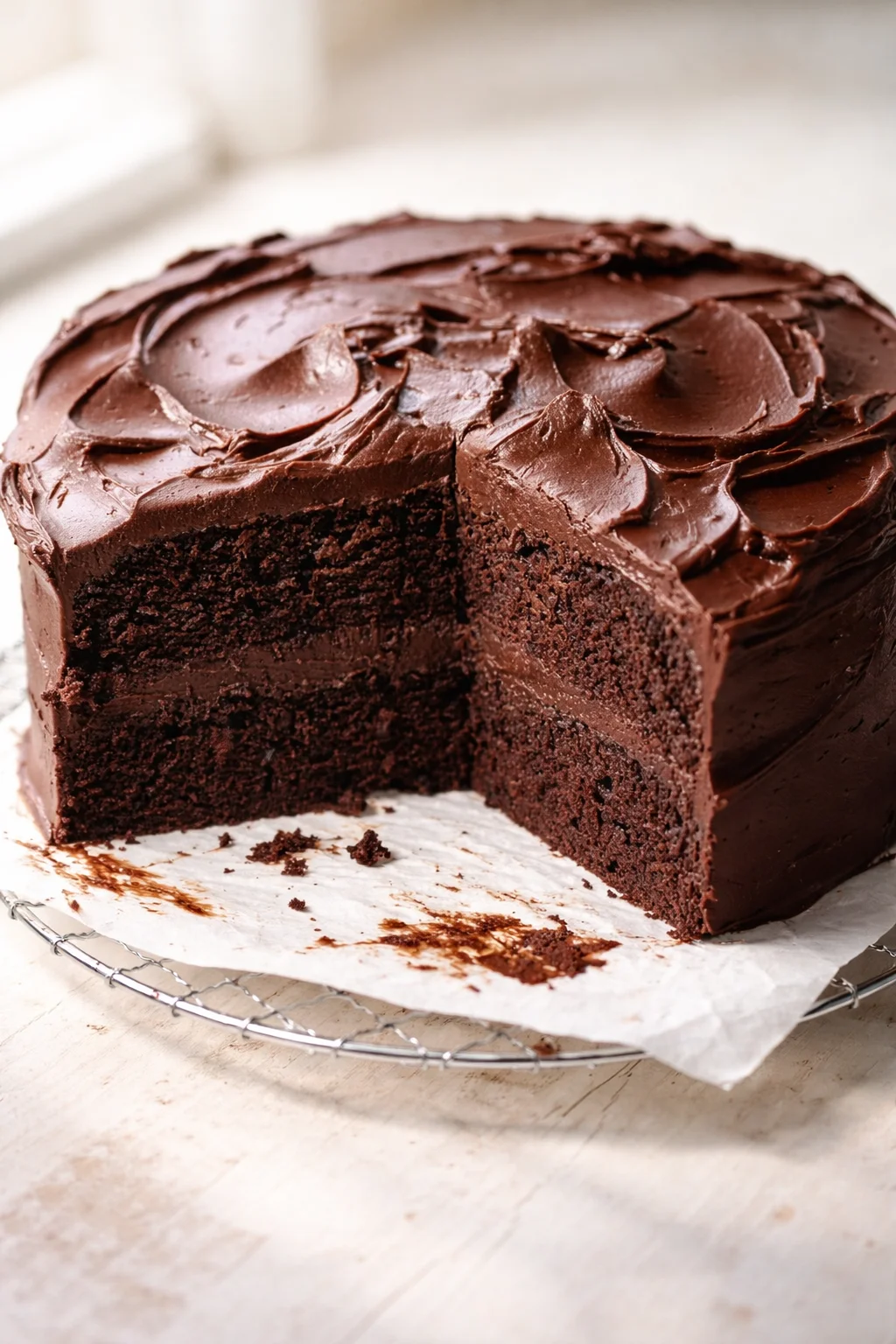 A decadent dark chocolate cake with glossy frosting, sliced to show a dense interior.