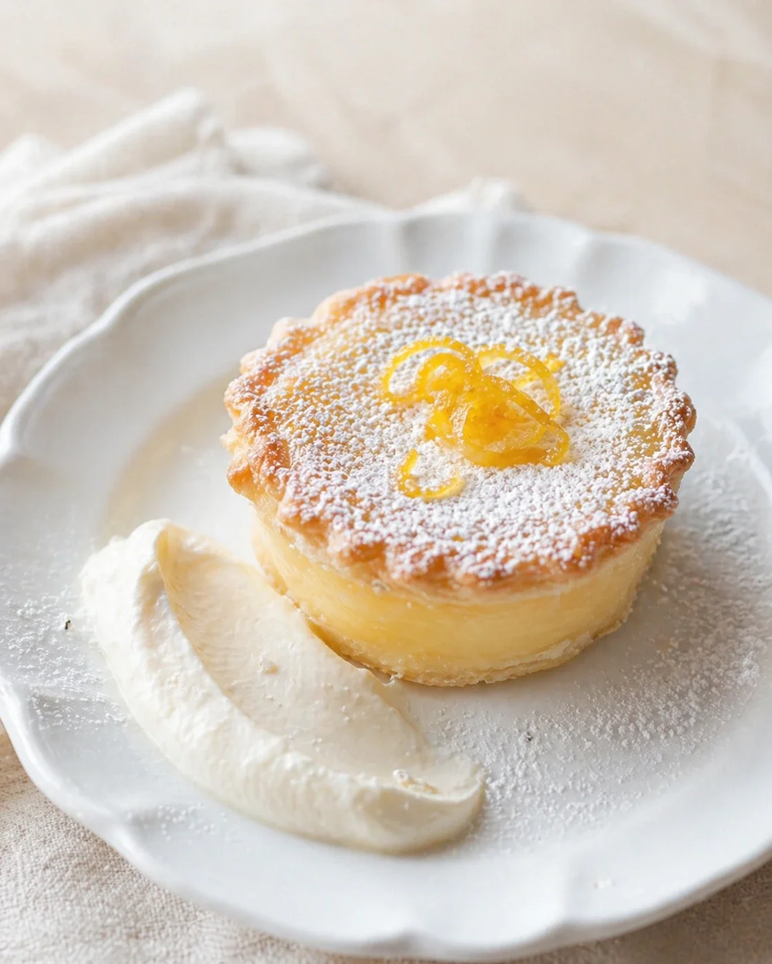Small round lemon tart on a white plate, dusted with powdered sugar and lemon zest