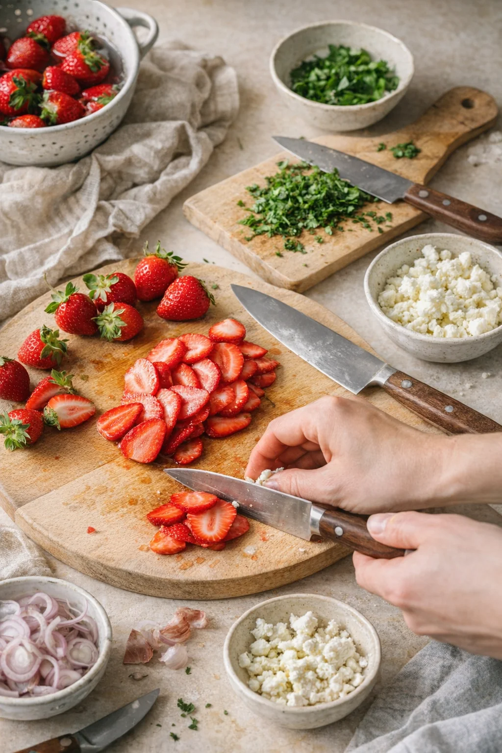 Sliced strawberries, thin shallot rounds, crumbled feta, and torn mint piled on a board.