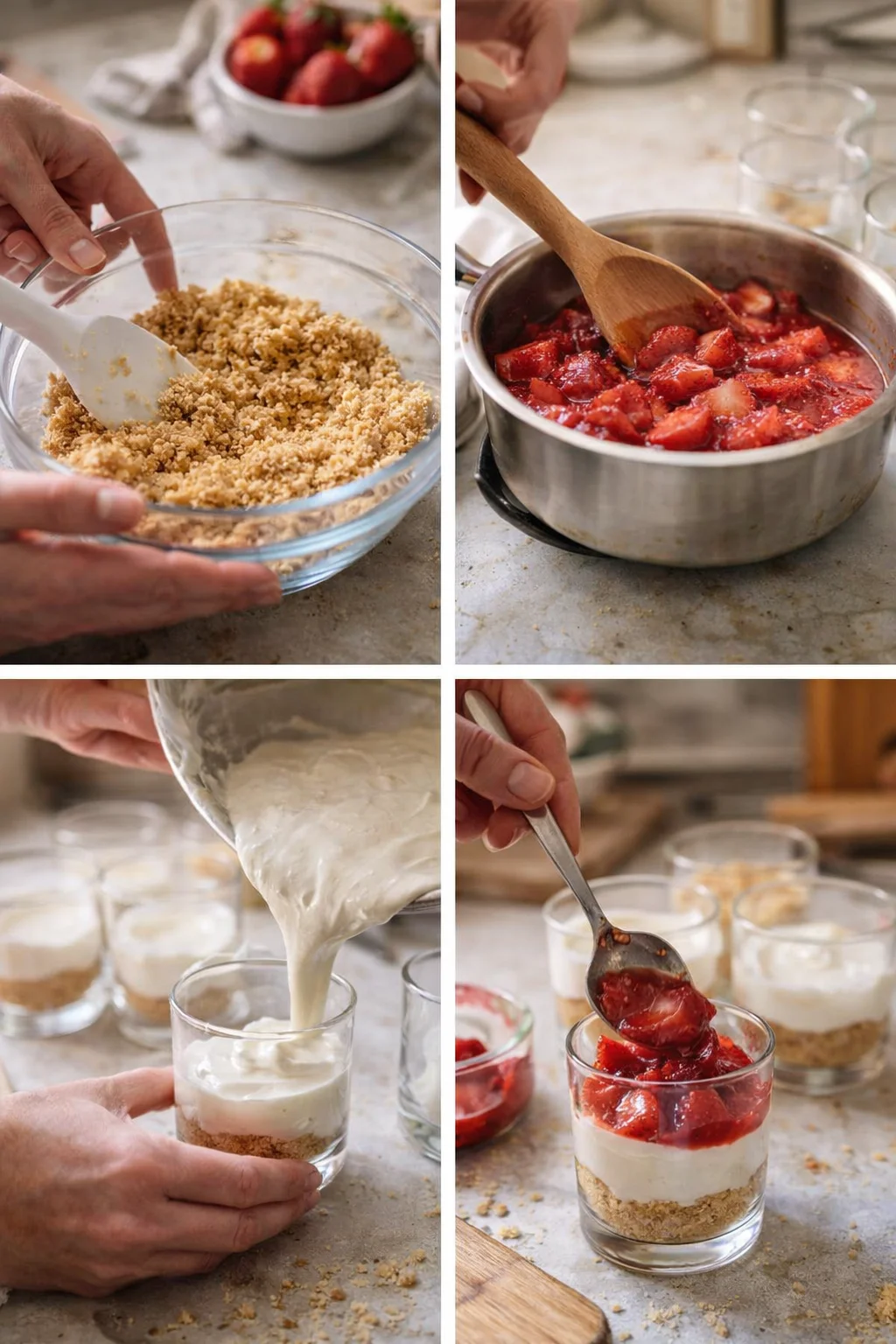 Hands pressing graham cracker crust into clear dessert cups, crusts smoothed and chilling in refrigerator.