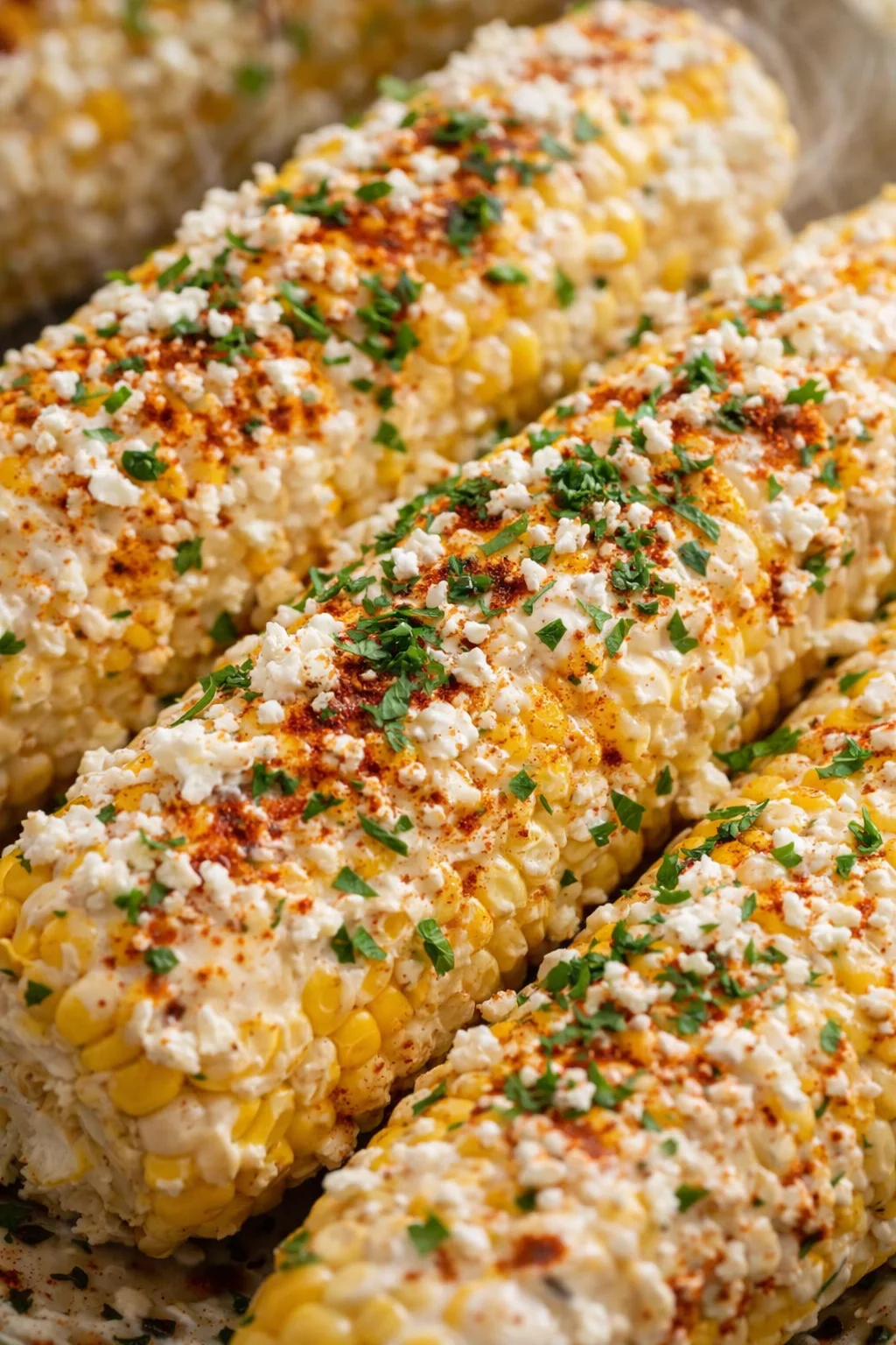 Elote-style corn on the cob topped with crema, cotija, chili powder, and chopped cilantro.