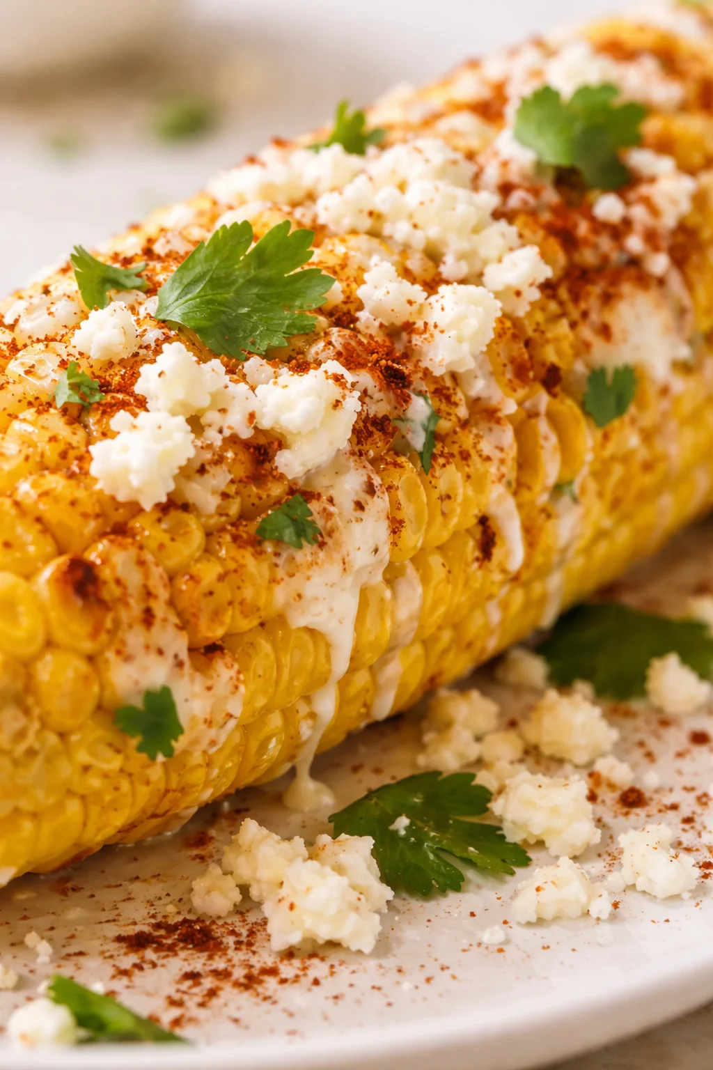 close-up of grilled corn on the cob topped with crumbled cheese, crema, paprika, and cilantro