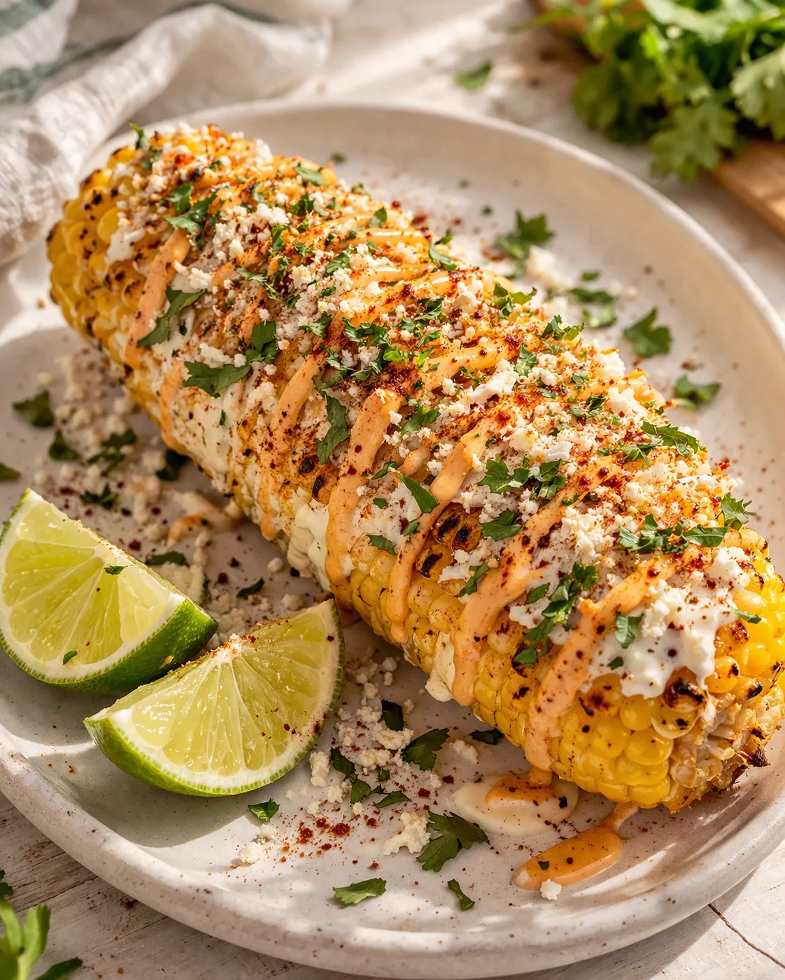 grilled corn on the cob with crema, crumbled cheese, cilantro, and lime wedges on a plate.