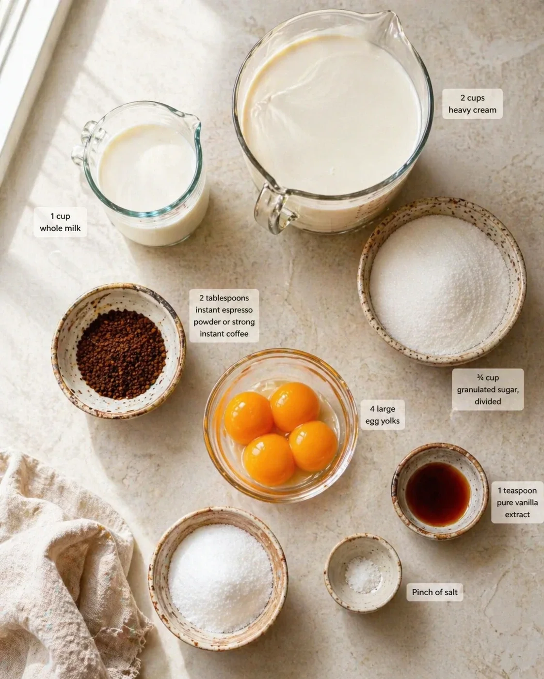flat lay of dairy, eggs, sugar, espresso powder, and vanilla for a custard recipe.