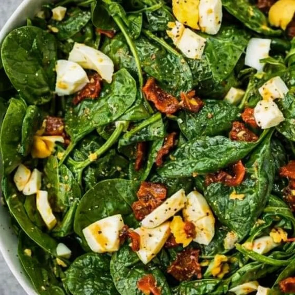 Measured ingredients arranged for Classic Spinach Salad: 10 oz baby spinach, 6 slices bacon - cooked and crumbled, 4 hard-boiled eggs - chopped, 3 Tbsp ketchup, 2 Tbsp honey - or granulated sugar, 2 Tbsp white vinegar