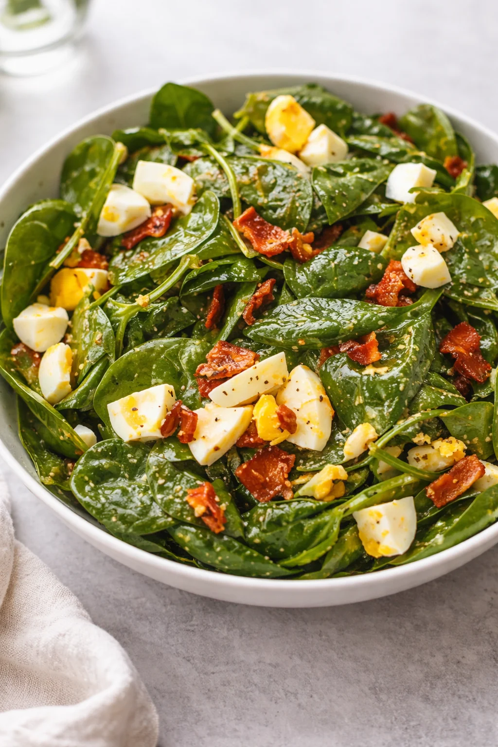 Final plated Classic Spinach Salad served as a hero shot