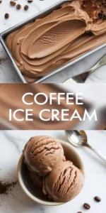 Collage of coffee ice cream showing scoops in bowls and close views of the creamy coffee texture.