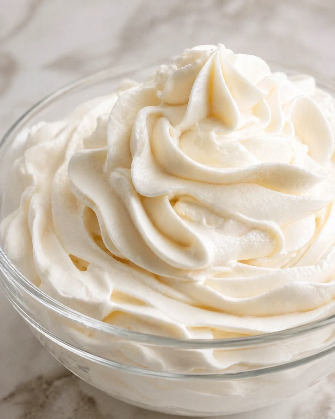Close-up of glossy whipped cream swirls in a clear glass bowl