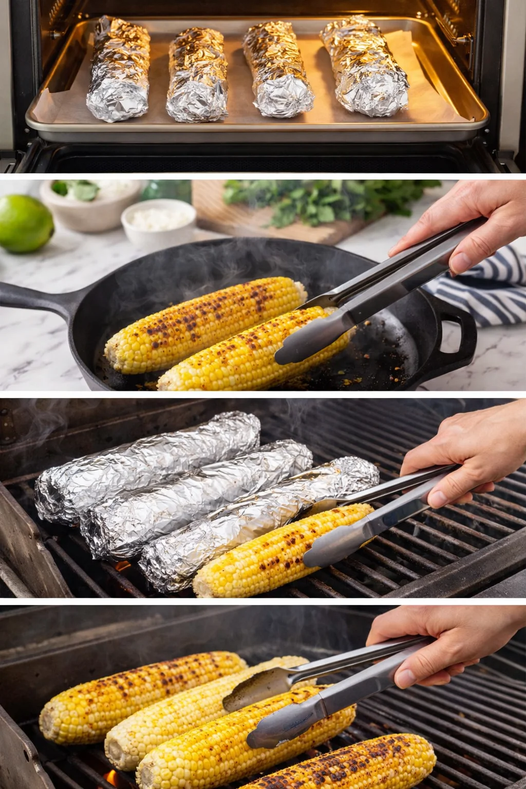 A collage showing foil-wrapped parcels in an oven, corn on a cast-iron skillet, and corn on a grill.