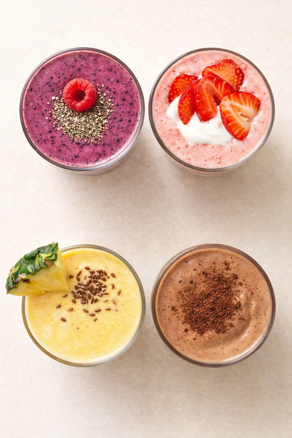 top-down view of four colorful smoothie drinks in clear glasses on a beige surface