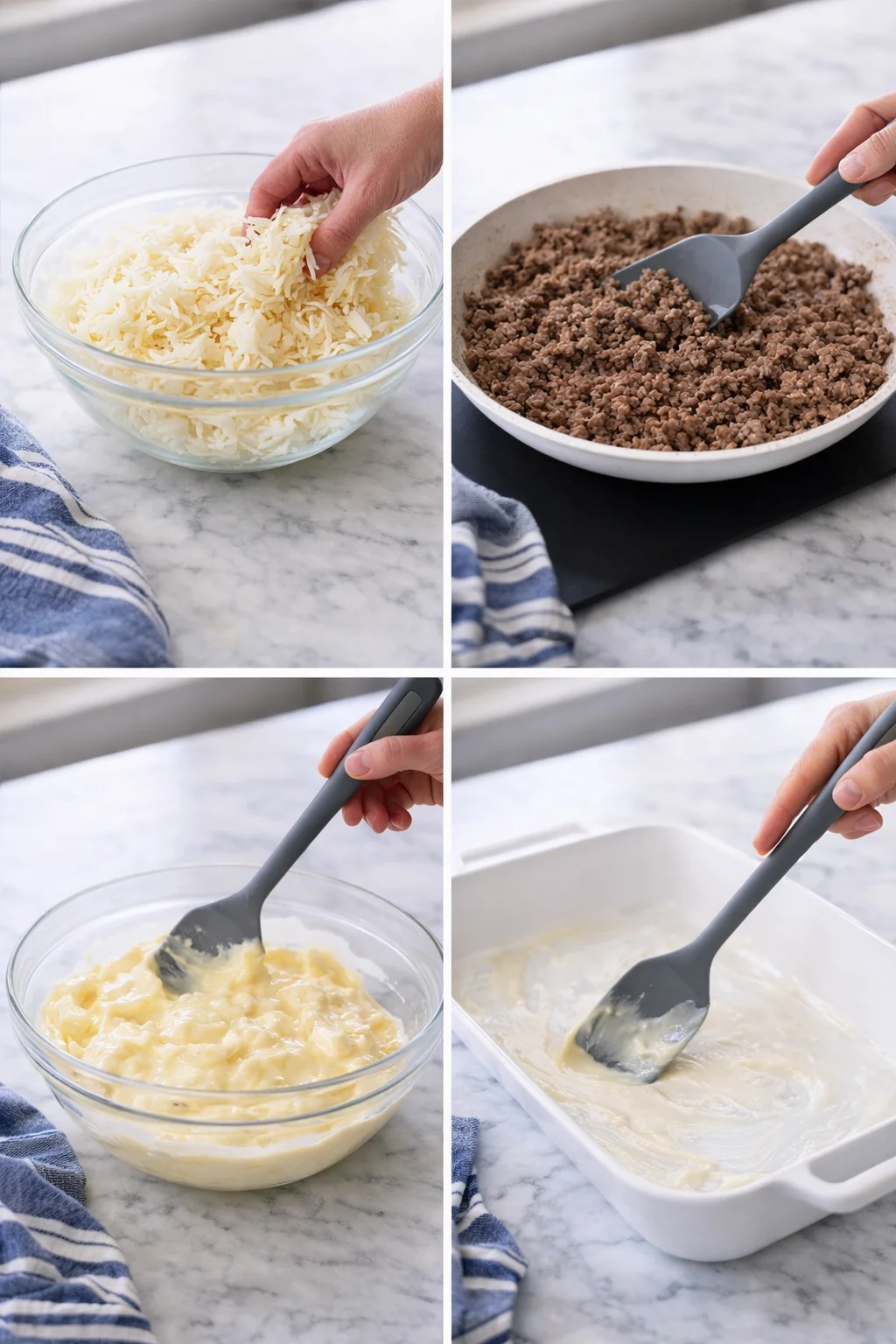 Collage showing shredded cheese, browned ground beef, creamy sauce, and batter in a baking dish.