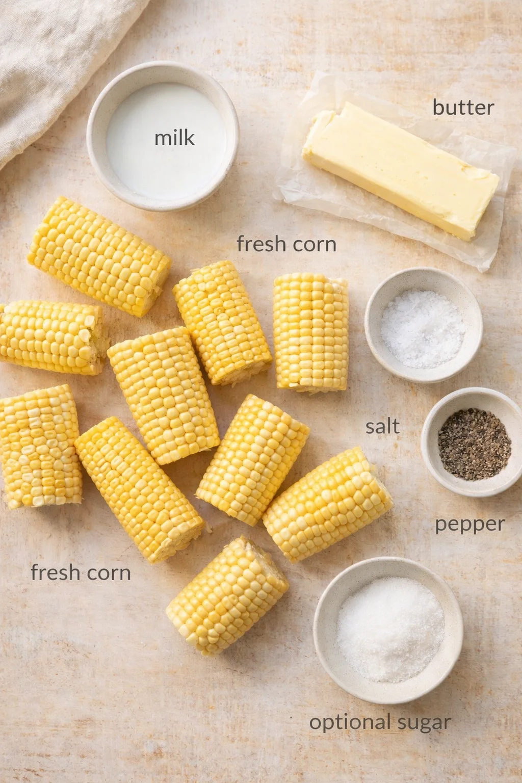 Overhead view of corn pieces, milk, butter, and seasonings arranged on a light countertop.