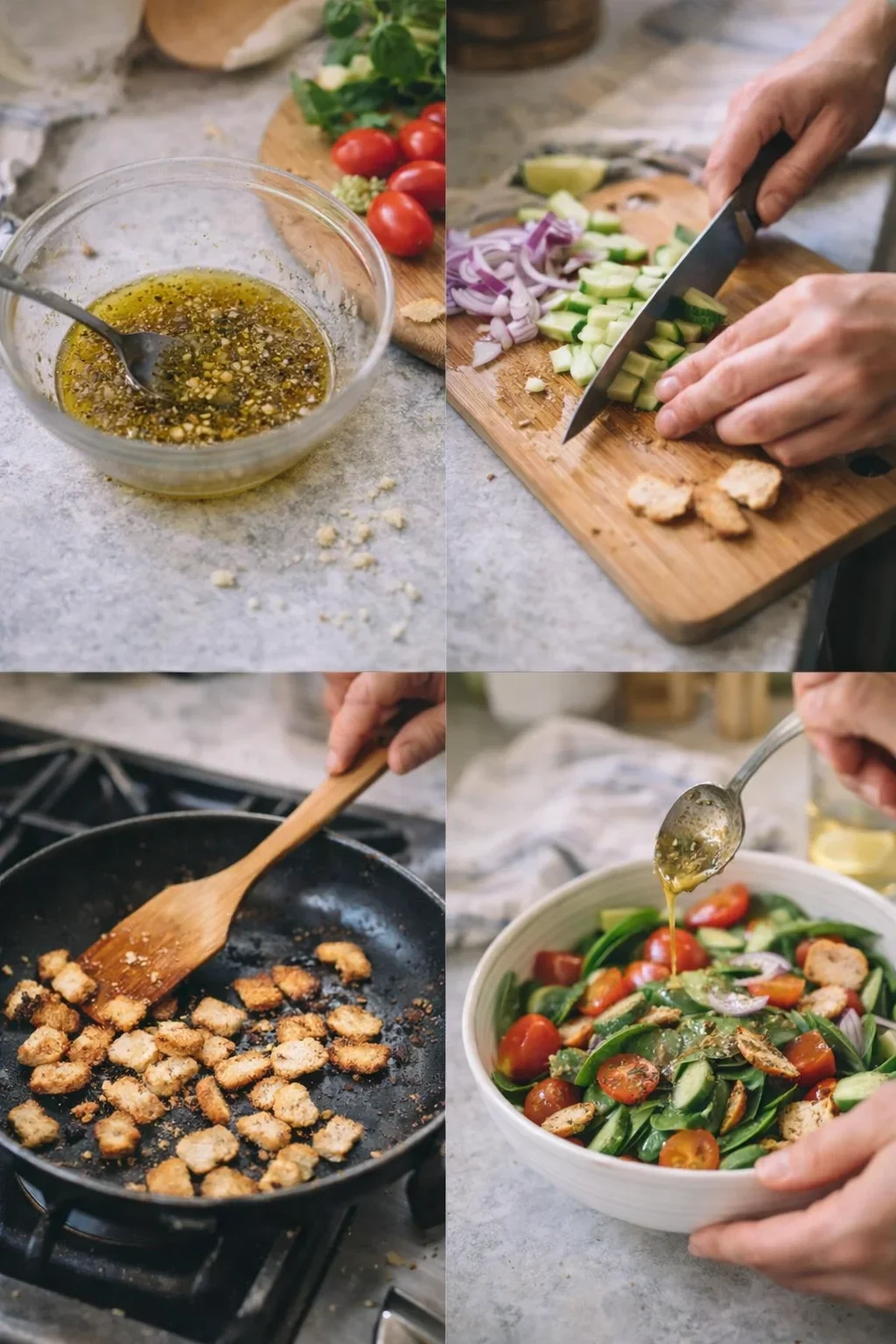 Steps to prepare a vibrant vegan spinach salad with bagel chips and dressing