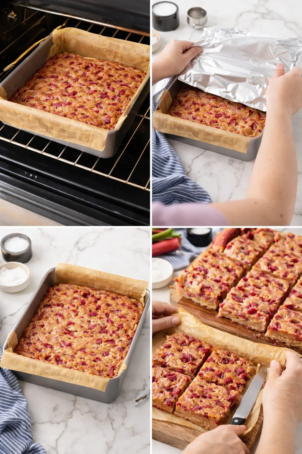 Collage of fruit-bar batter in a parchment-lined pan, foil being peeled back, and bars being sliced.