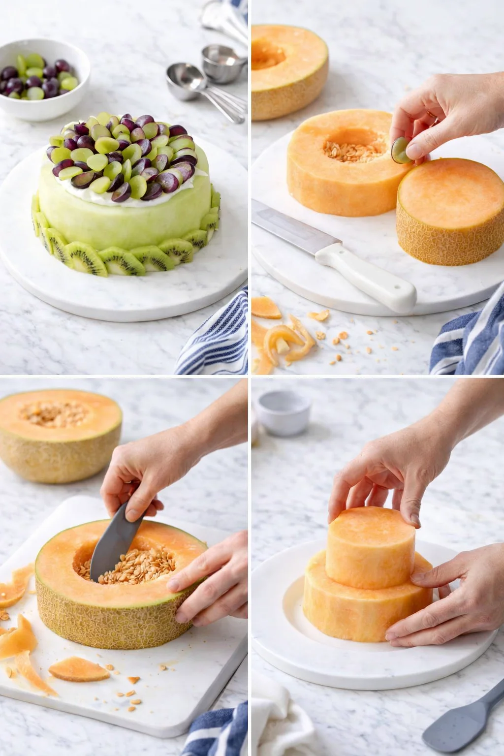 collage showing a green-frosted cake with grape and kiwi toppings, plus cantaloupe halves being hollowed and sliced.