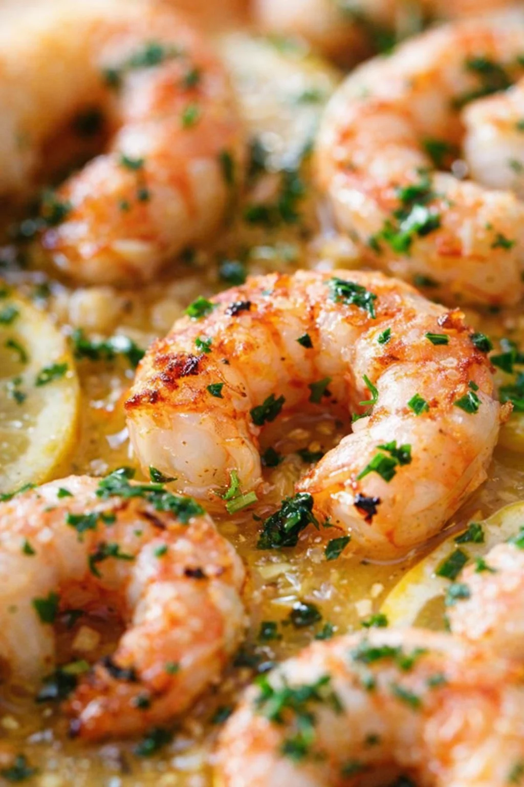 Close-up of garlic butter shrimp in a pan, garnished with parsley and lemon.