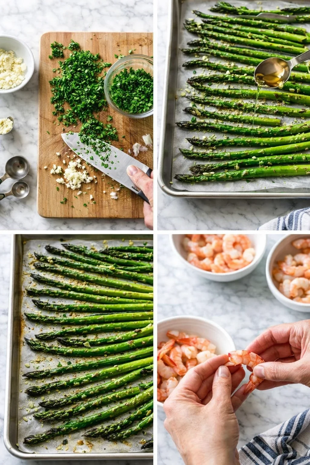 Collage showing chopped herbs on a cutting board, asparagus on a baking sheet, and peeled shrimp.