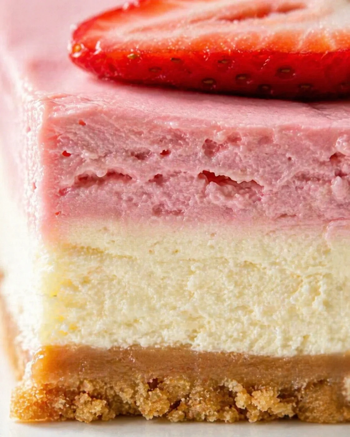 strawberry-cheesecake-bars Close-up of a layered strawberry cheesecake square with crust, creamy middle, and pink top.