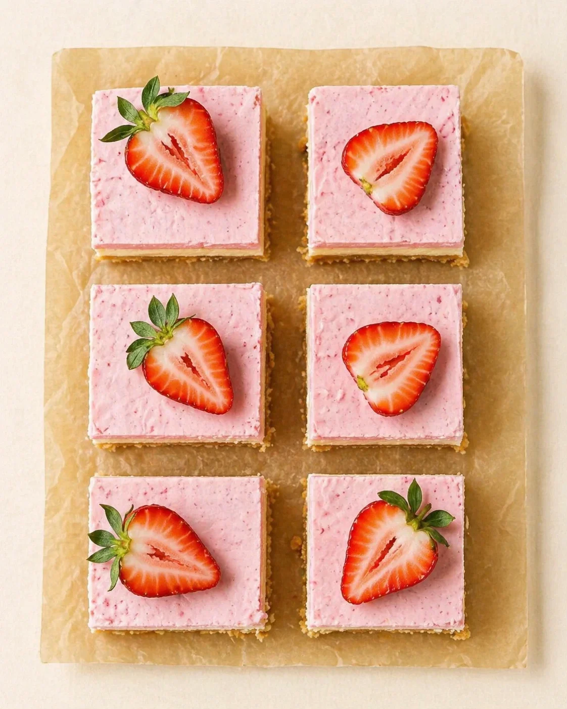 pink-strawberry-cheesecake-bars top-down view of six pink-strawberry cheesecake bars topped with halved strawberries on parchment