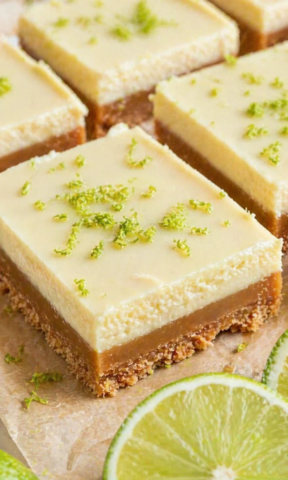 Close-up of lime bars showing a crumb crust, pale filling, and lime zest.