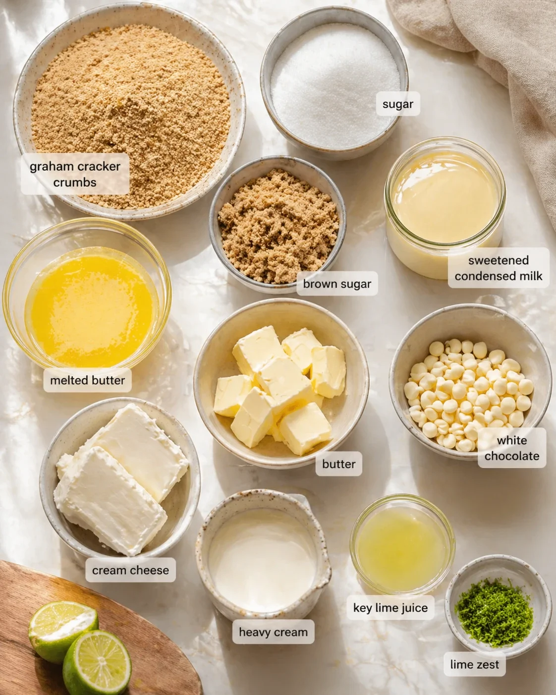 Overhead view of labeled bowls with graham crumbs, sugars, creams, and citrus for cheesecake.