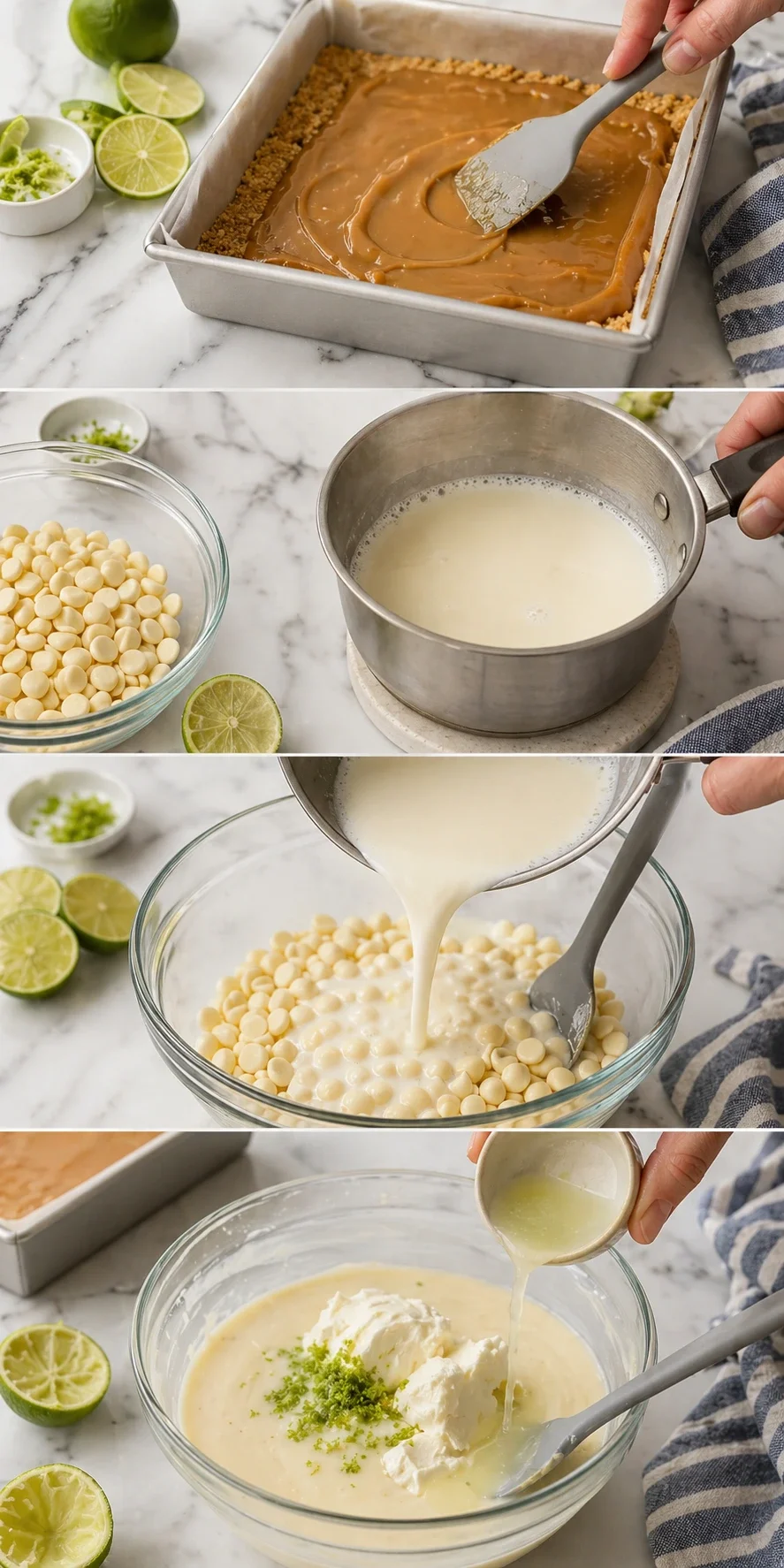 Five-panel collage showing lime-themed dessert-making: crust, caramel, melted white chocolate, milk, and lime-garnished cream.