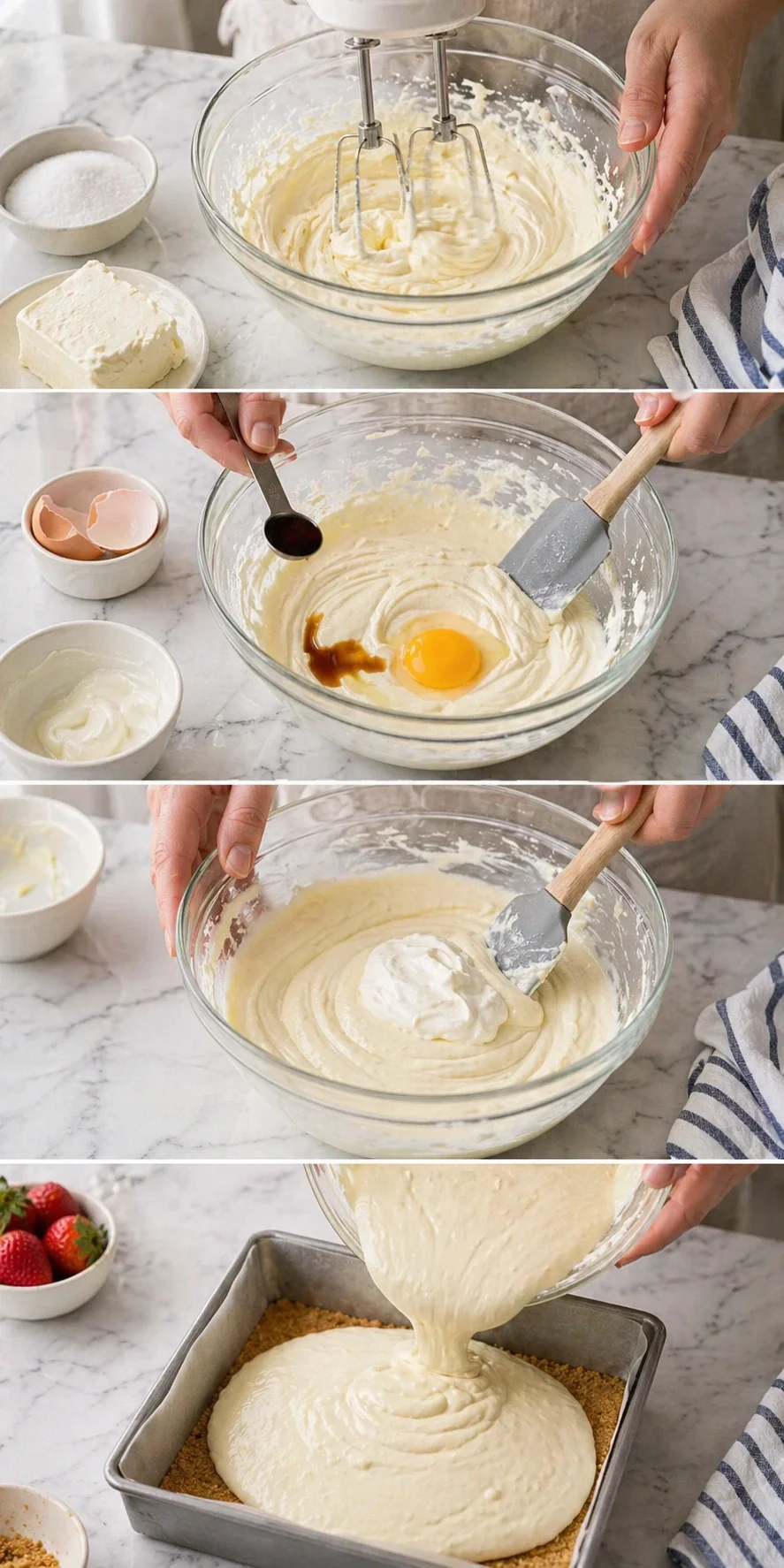 making-cheesecake-batter-collage collage of cheesecake-batter-steps: mixer beating cream cheese, adding egg and vanilla, and pouring onto crust