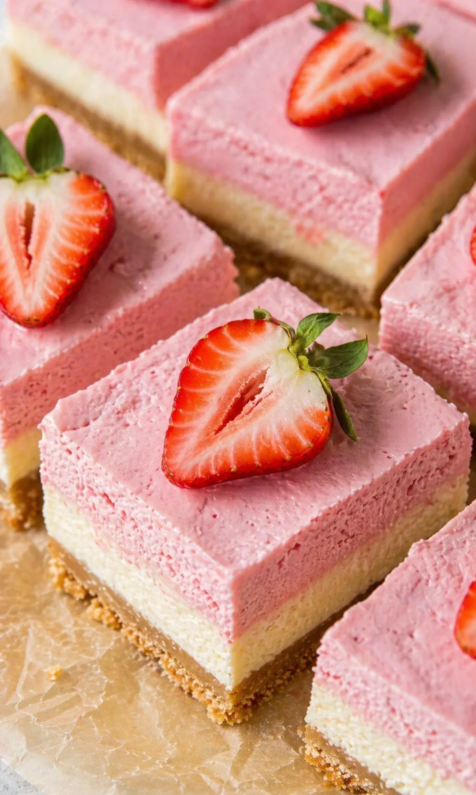 pink-strawberry-cheesecake-bars Close-up of square pink strawberry cheesecake bars with crumb crust, topped with halved strawberries.