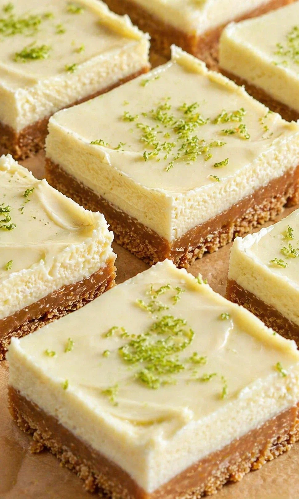 Squares of creamy lime cheesecake bars on a crumb crust, topped with lime zest.