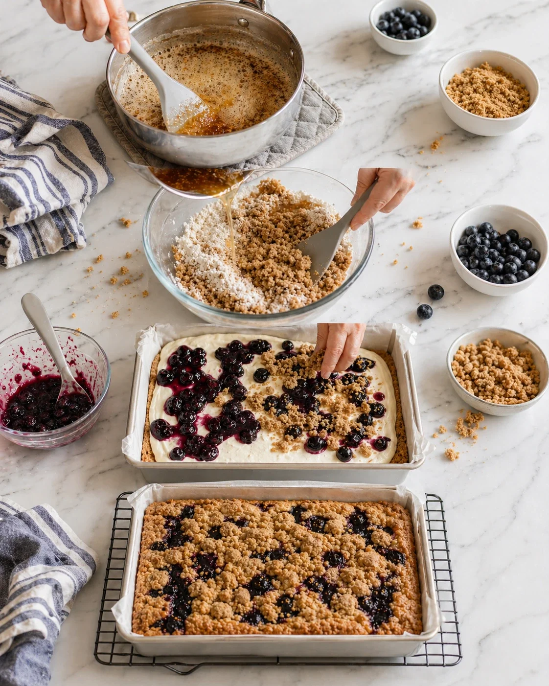 Hands prepare blueberry crumb bars, assembling batter and streusel topping on a marble counter.
