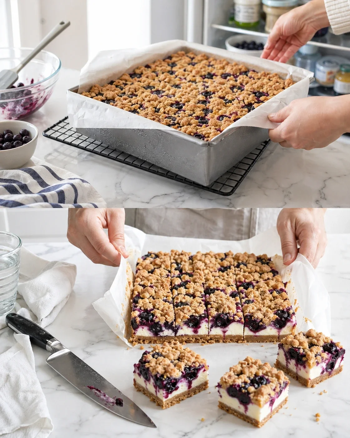 two-panel view of blueberry cheesecake bars with crumb topping in a baking pan, shown whole and sliced