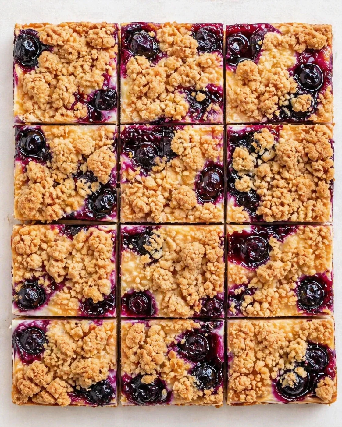Top-down view of blueberry crumble bars arranged in a neat 4x4 grid.