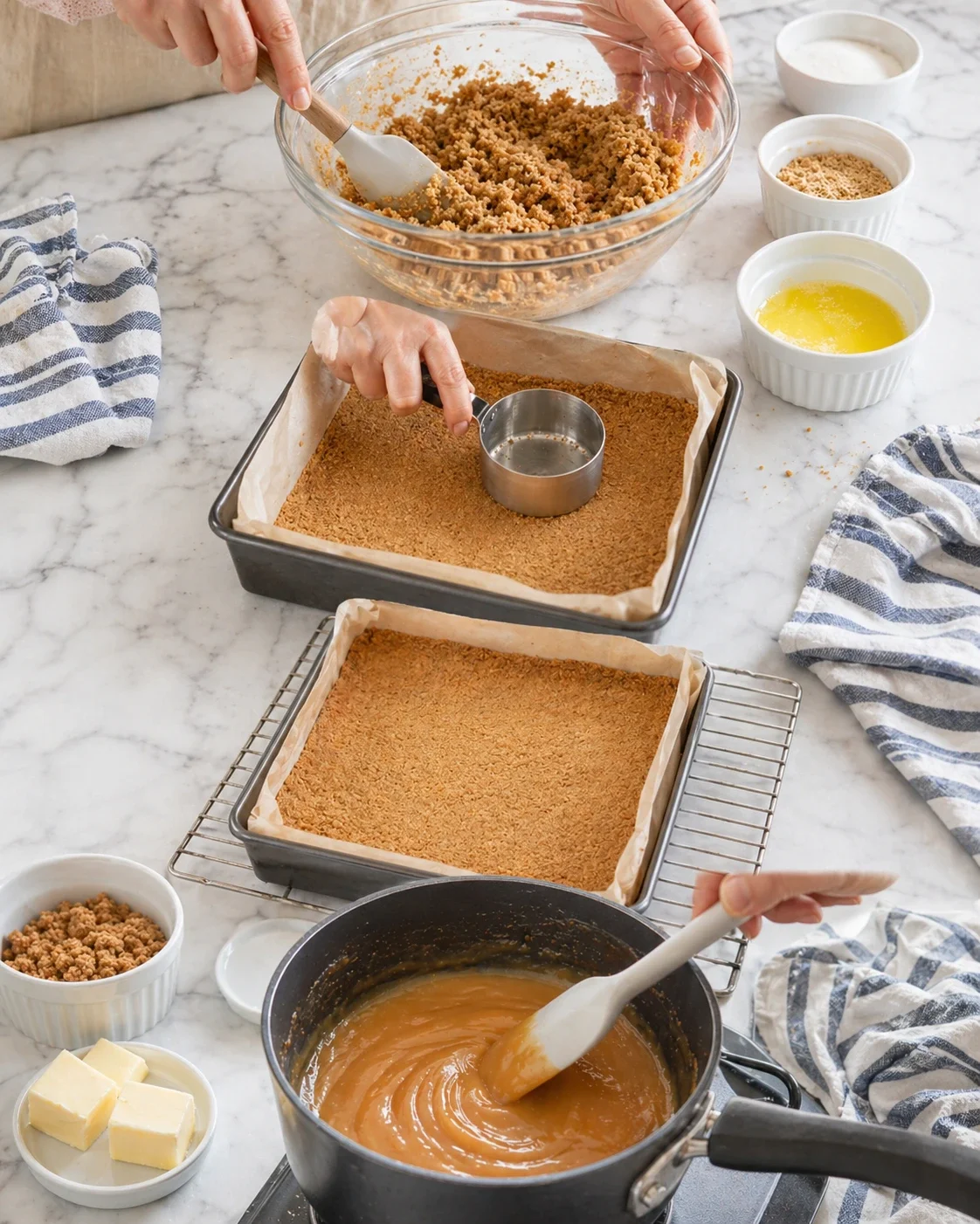 Hands press crumb crust into parchment-lined baking pan on marble counter.