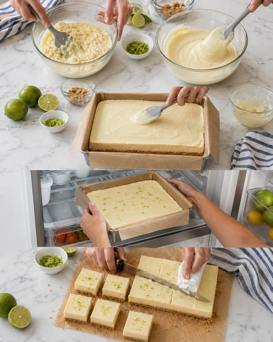collage of lemon-bar preparation: crust formed, filling poured, chilling in fridge, and cut bars