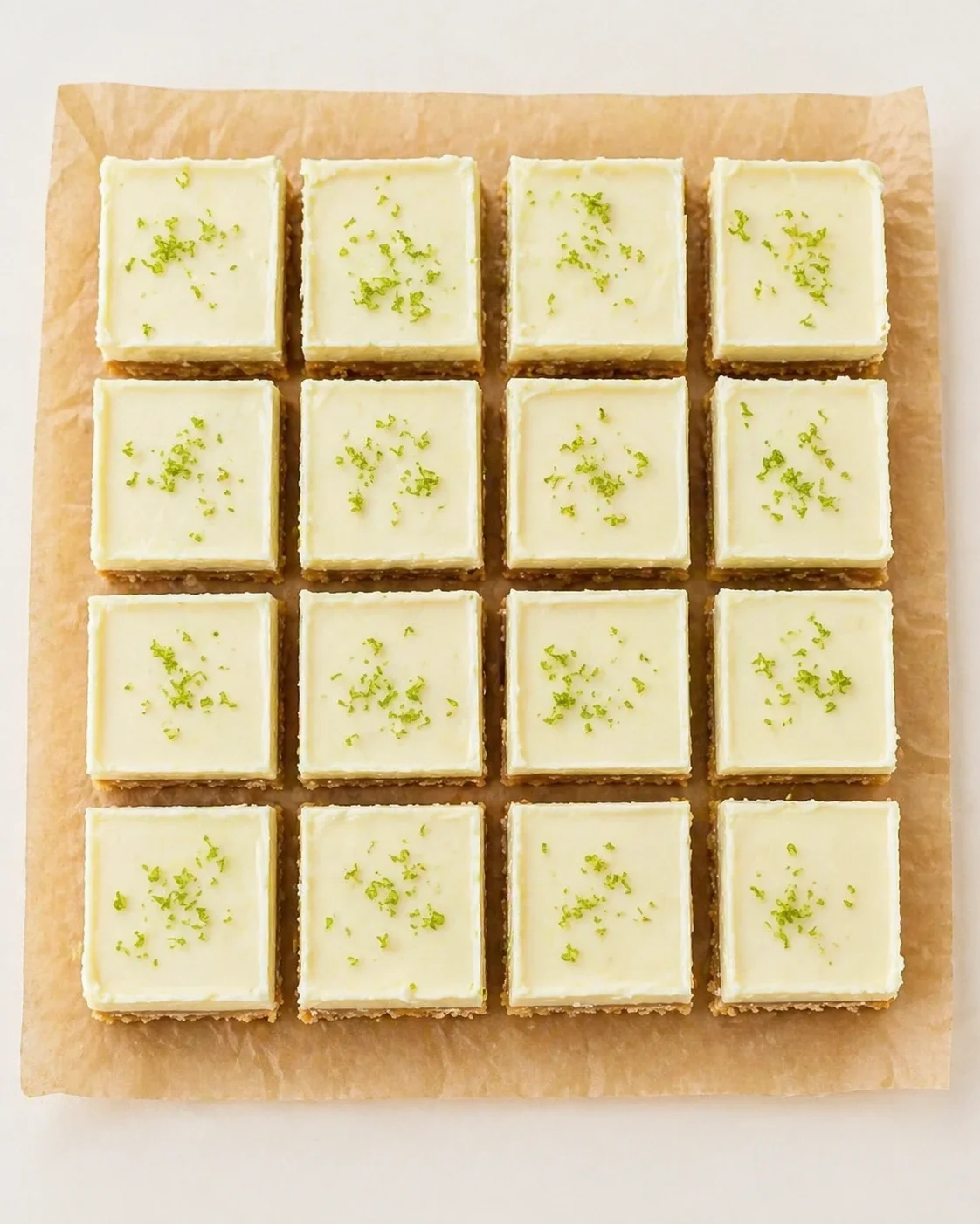 Top-down view of sixteen lime-zest cheesecake bars arranged in a perfect 4x4 grid on parchment