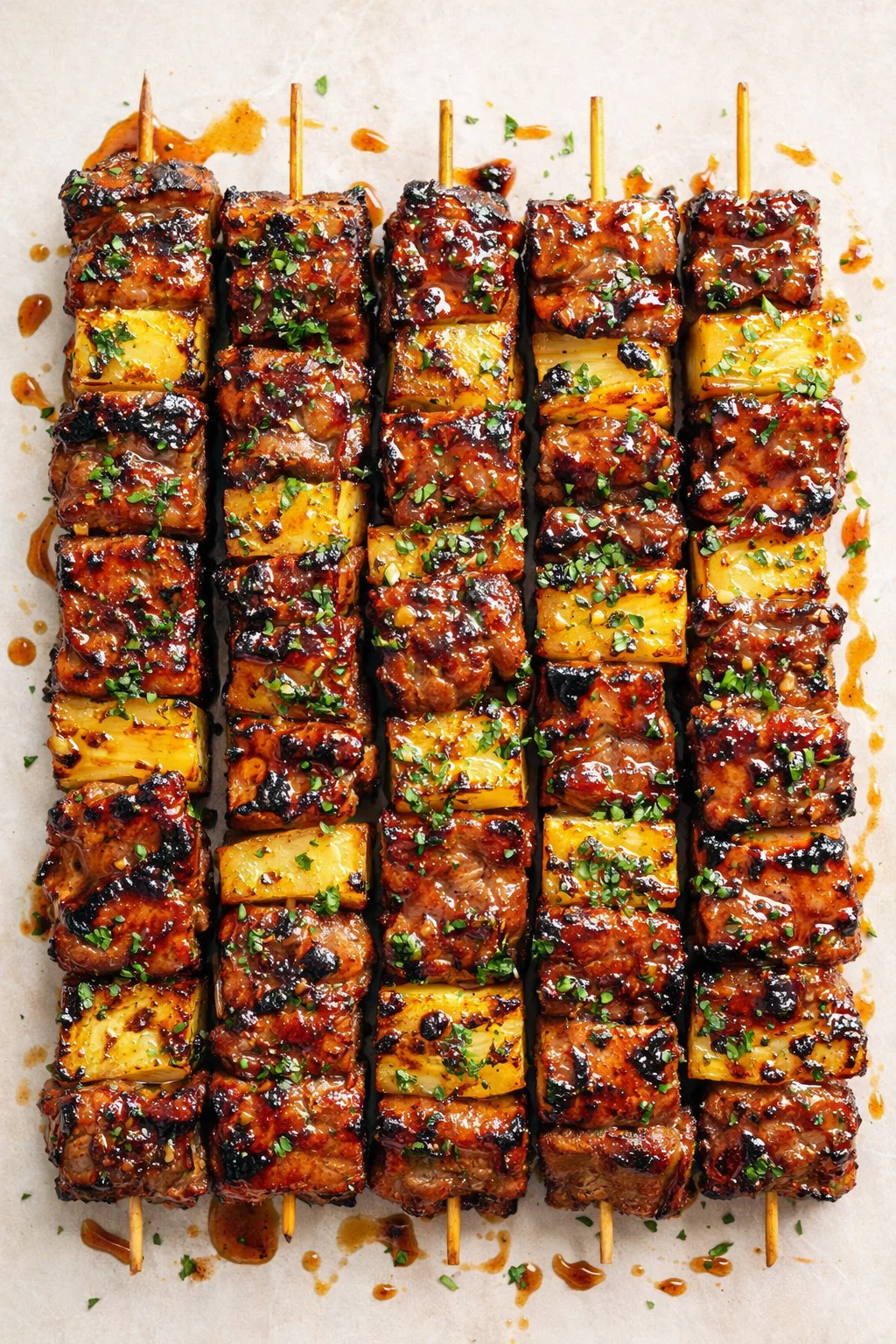 Rows of beef and pineapple skewers with glossy glaze and herb garnish on parchment.