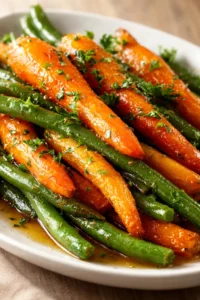 Plate of glossy glazed carrots and green beans garnished with chopped parsley.