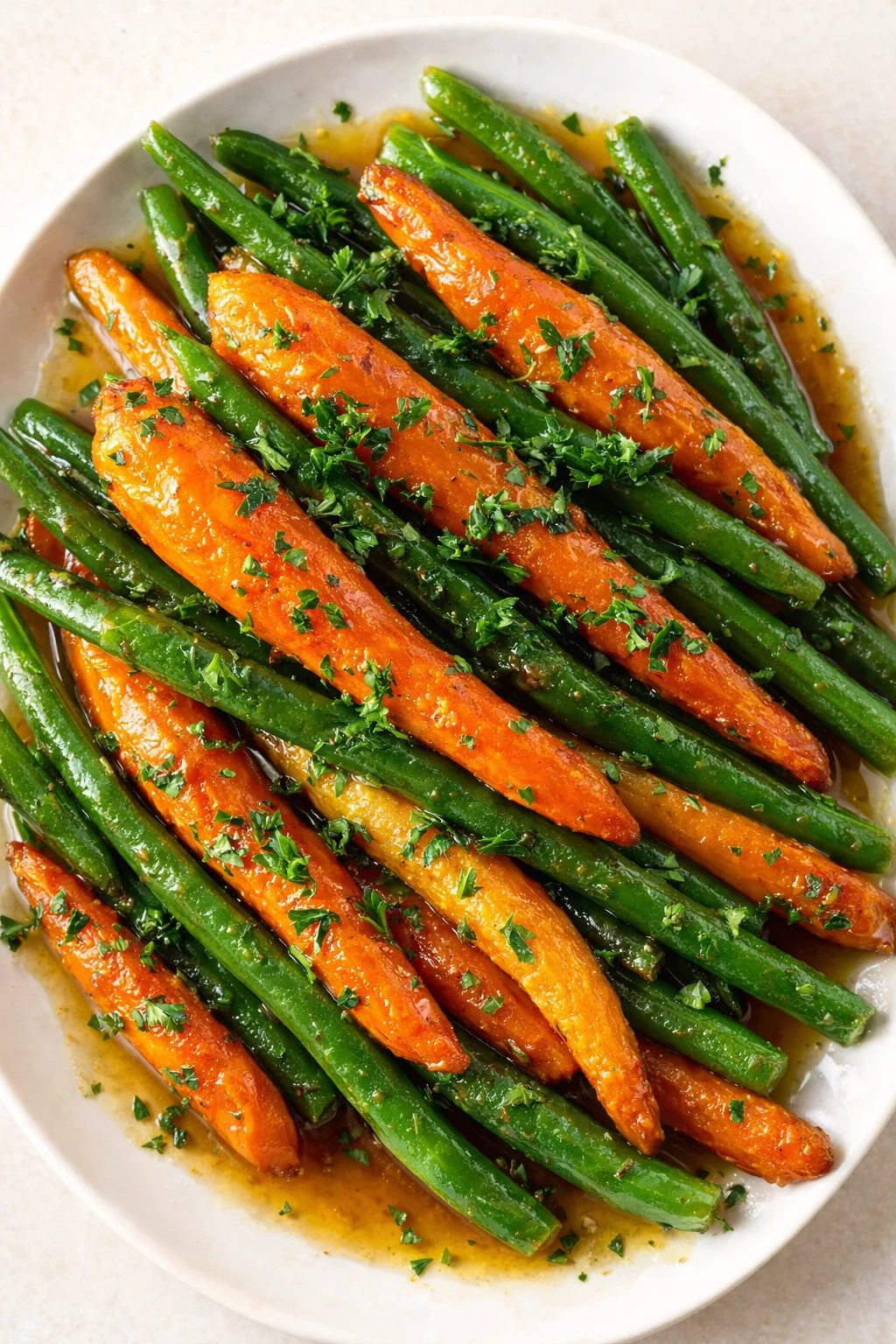 orange-glazed carrots and green beans arranged on a white plate, sprinkled with chopped parsley.