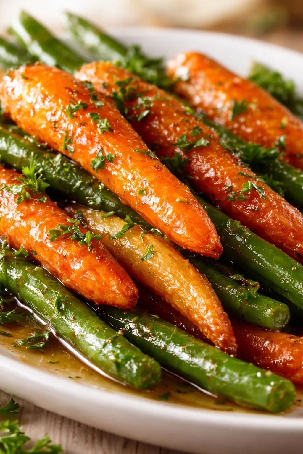 orange-glazed carrots layered on green beans, sprinkled with parsley on a white plate