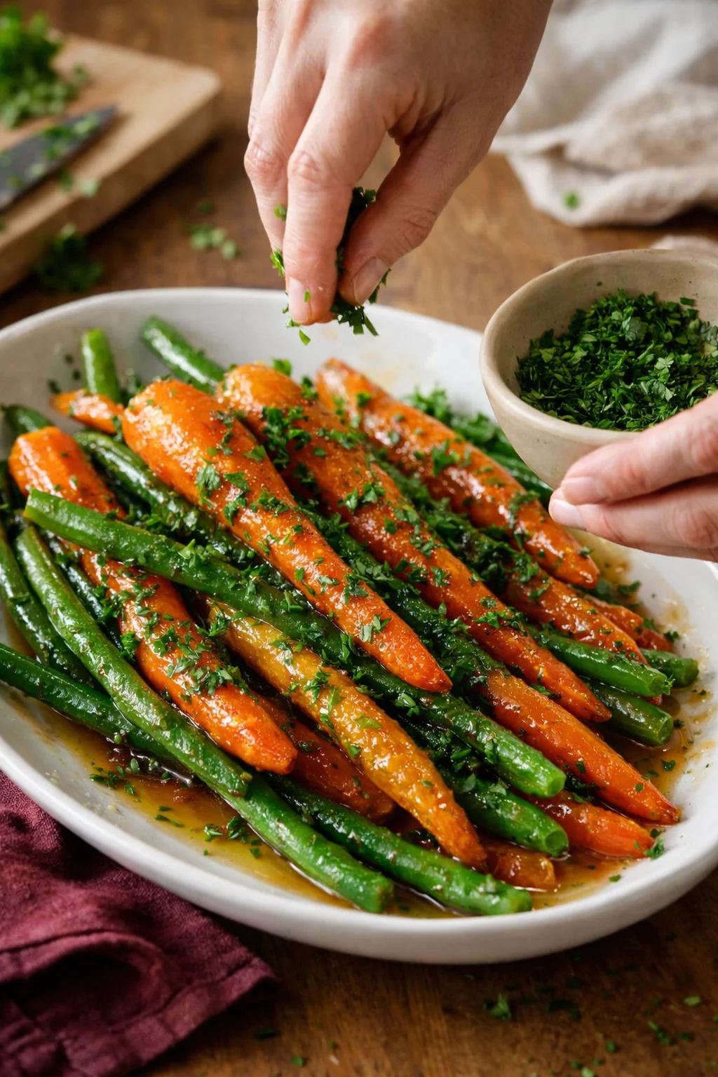 hand sprinkling chopped parsley over glazed carrots and green beans on white platter