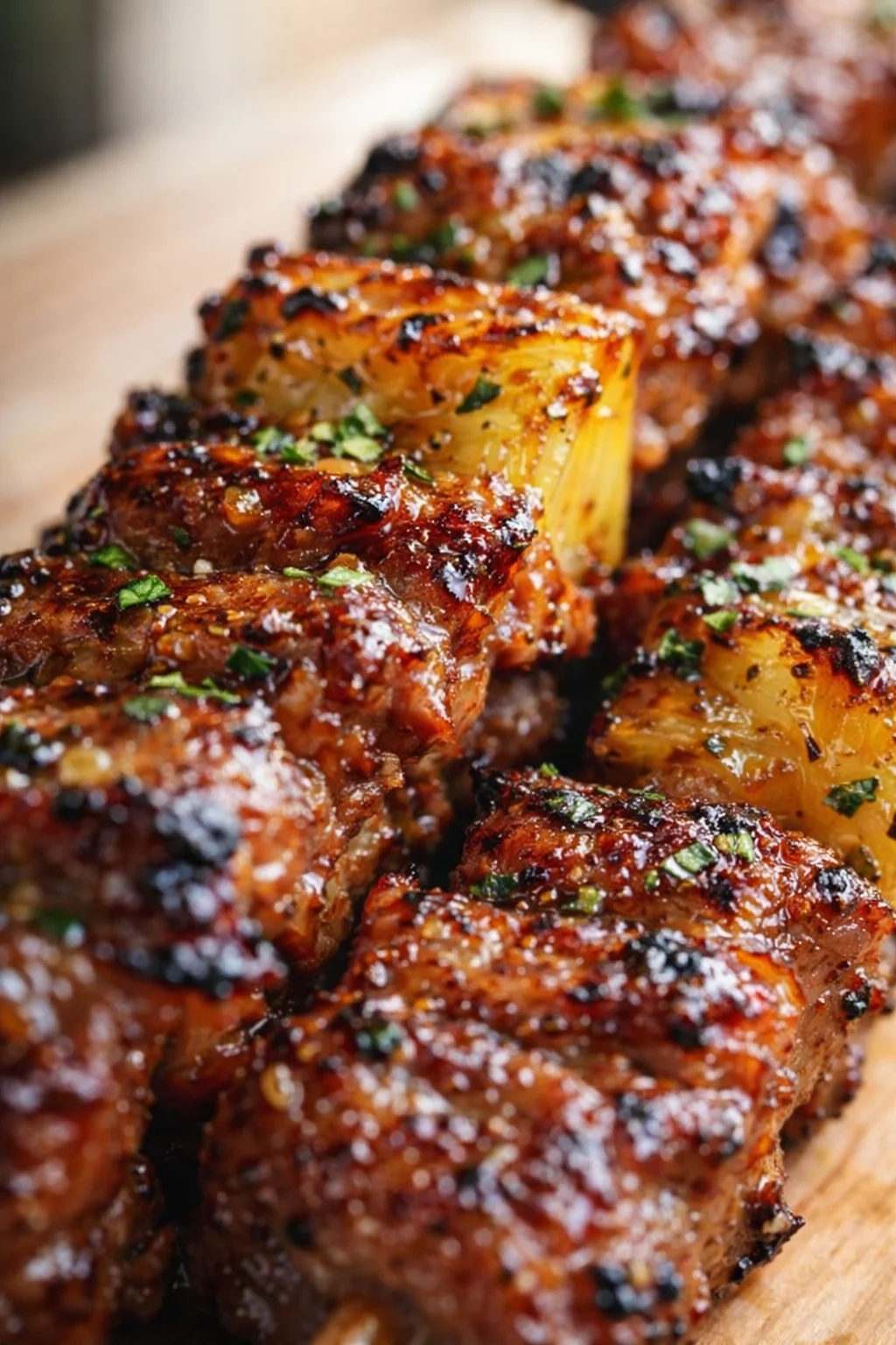 Skewered glazed pork and roasted potatoes with char, sprinkled with herbs on a wooden board