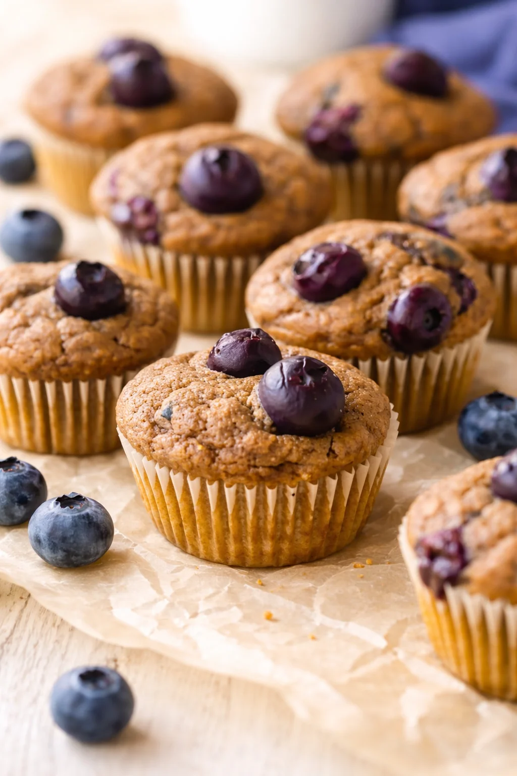Golden blueberry muffins on parchment paper with blueberries scattered nearby